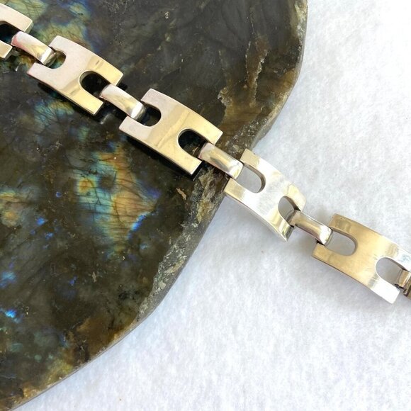 Solid Sterling Silver 925 Heavy Modernist Style Rectangular Link Bracelet 47g - Picture 6 of 16